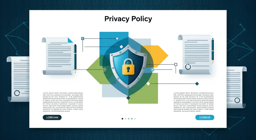 Escudo con candado representando seguridad de tus datos digital junto a documentos legales de políticas de privacidad.